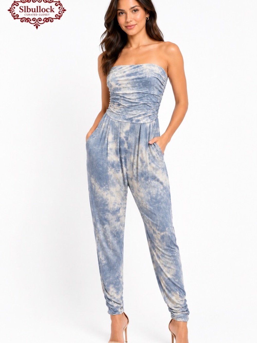 Heart & Hips NWT Small Strapless Tie Dye Romper Pockets Rayon Blend Blue White